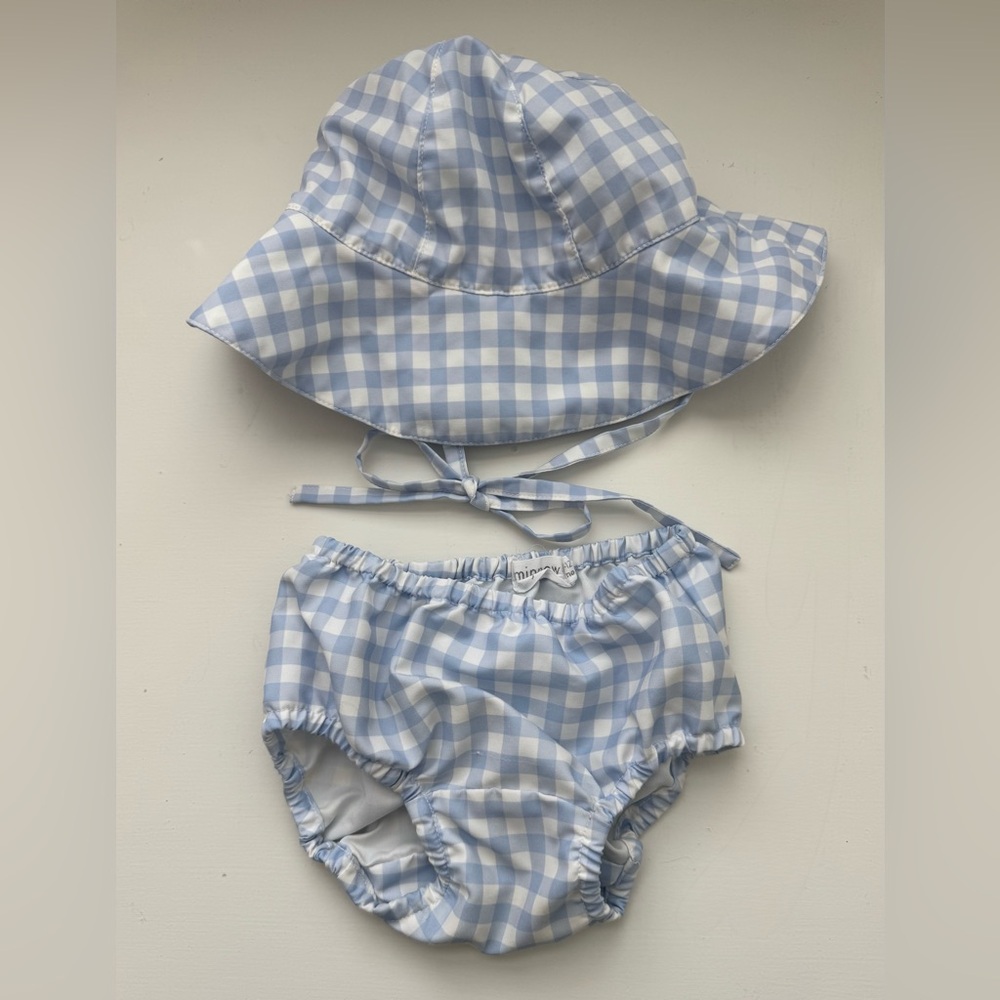 Minnow - Blue Gingham Baby Swim Hat & Bloomers Set - 6-12M